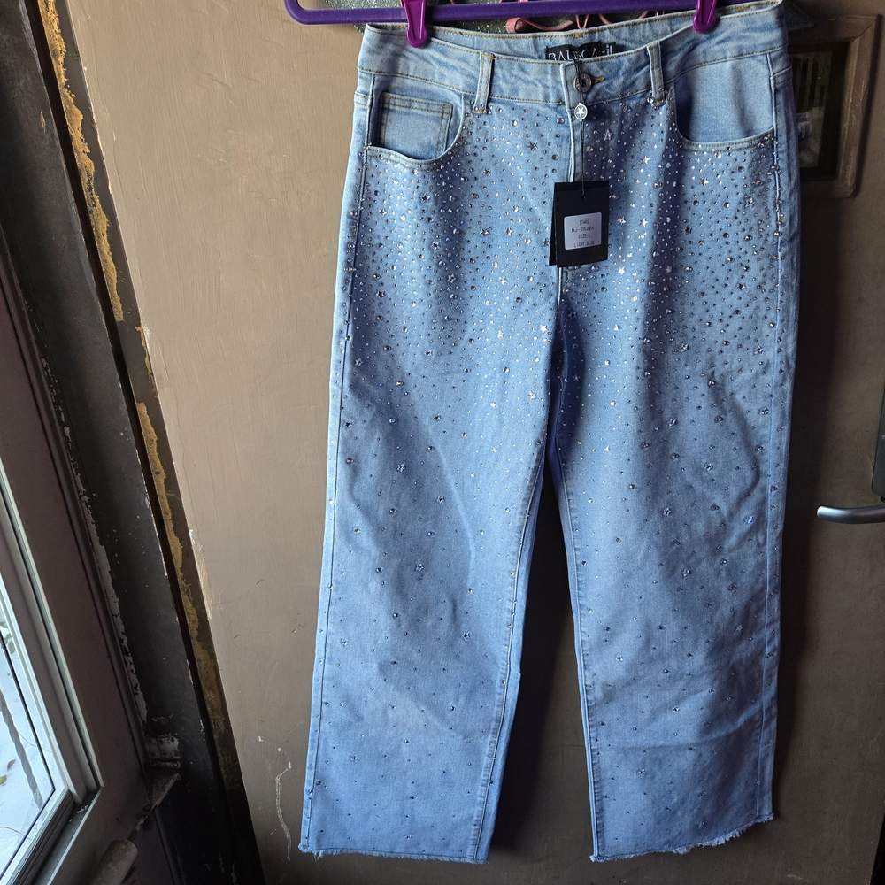 Dazzling Light Blue Embellished Jeans with Round and Star Rhinestones